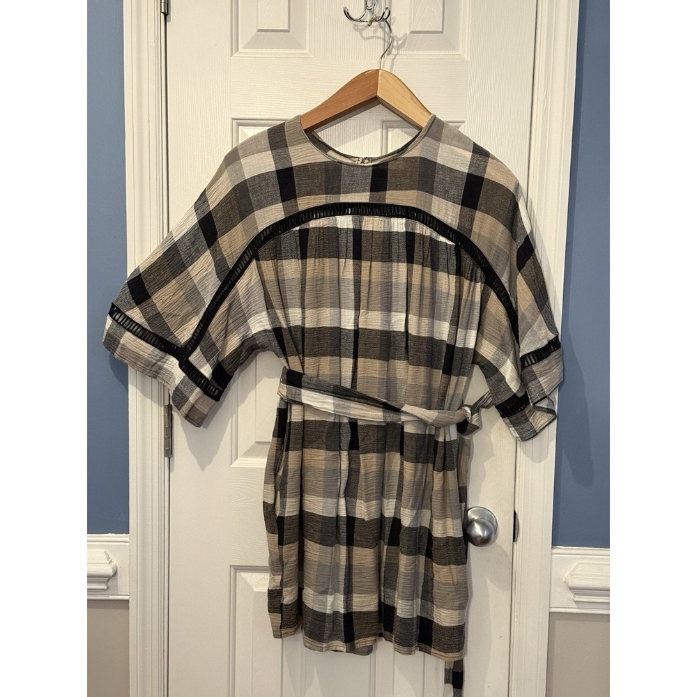 Maeve Anthropologie S Plaid Boho Oversized Short Dress Pockets Tan & Black
